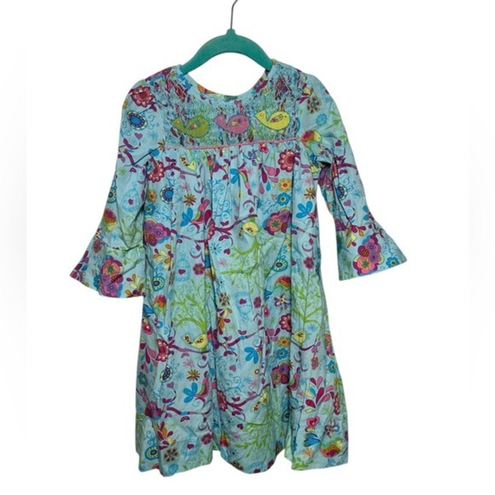 Marmellata Girls Blue Smocked Bird Floral Cotton Dress SZ 4 Bell Sleeve 46372629